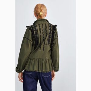 Zara Trf Collection Embroidered Pompom Jacket Blouse, Size Small, Green Boho